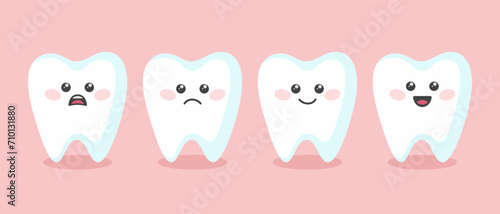 Flat Vector Tooth Set, Different Emotions, Face Expressions. Happy, Sad, Smiling Teeth. Dental Inspection Banner. Tooth Character with Face in Kawaii Style. Medical, Dentist, Dental Health Concept