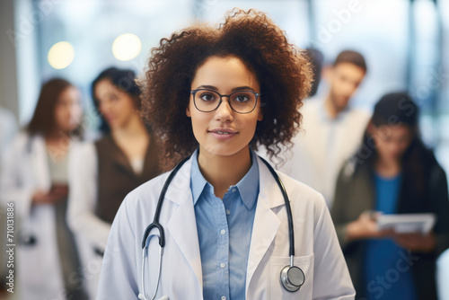 Woman wearing stethoscope stands confidently in front of diverse group of people. This image can be used to represent healthcare professional leading team or giving presentation.