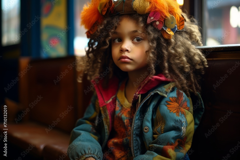Portrait of a little girl with curly hair in a cafe. Portrait of a little girl with curly hair in a cafe.