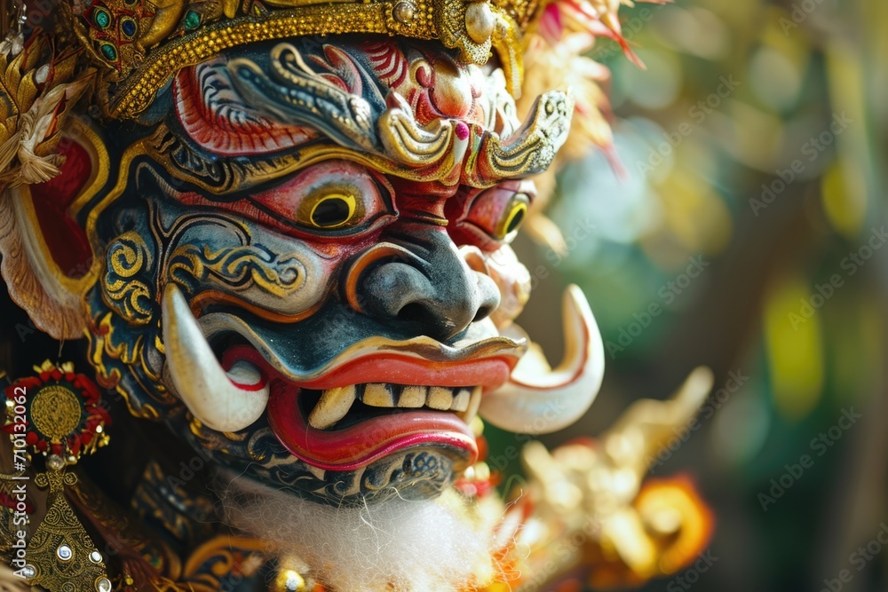 A detailed close-up of a mask on a person's face. This image can be used for various themes and concepts