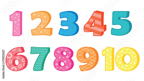 Colorful vector set of numbers 1 to 10 with fun patterns for birthday card designs and childish designs
