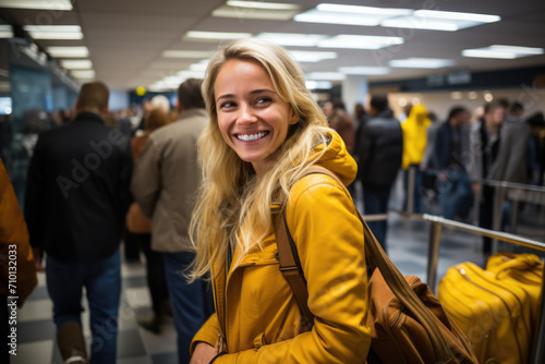 Woman wearing yellow jacket smiling for camera. Suitable for various uses.