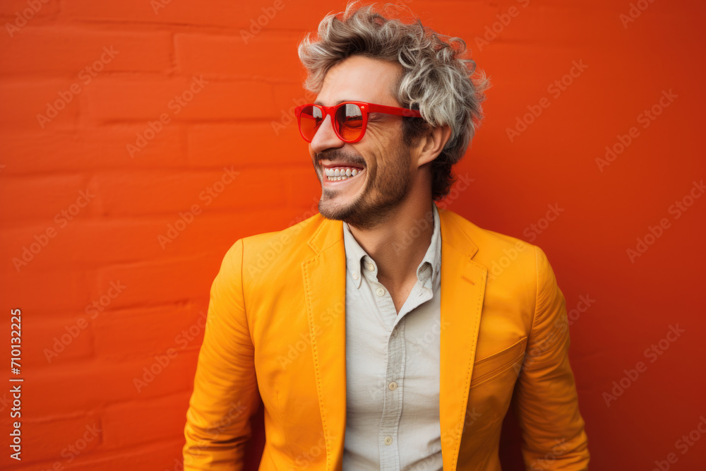 Man wearing vibrant yellow jacket and stylish red glasses. Versatile image suitable for fashion, style, and outdoor activities. Man wearing vibrant yellow jacket and stylish red glasses. Versatile image suitable for fashion, style, and outdoor activities.