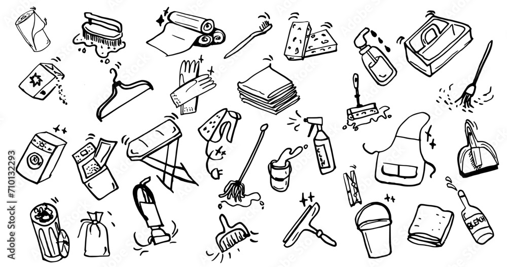 Cleaning equipment hand drawn ink vector set. Washing machine, bleach, dryer, iron,scrub brush, hanger, trash can, bag, broom, mop, bucket, dustpan  - obrazy, fototapety, plakaty 