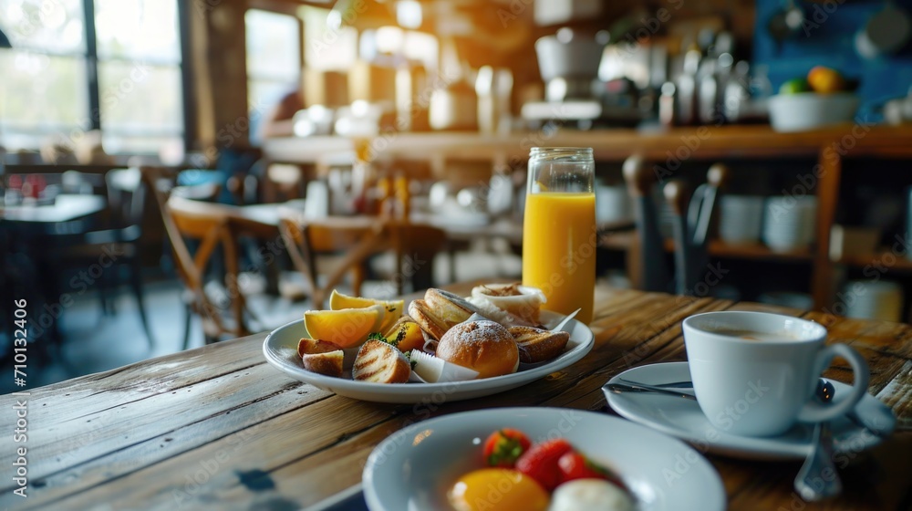 A wooden table with a variety of delicious food and a cup of coffee. Perfect for food-related content and restaurant promotions A wooden table with a variety of delicious food and a cup of coffee. Perfect for food-related content and restaurant promotions