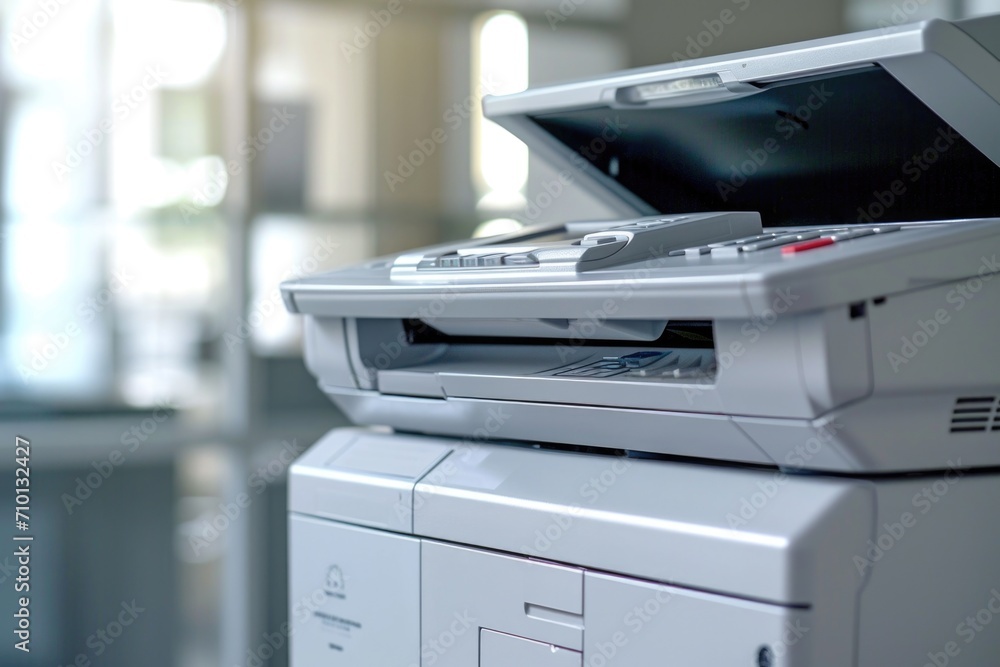 A close up view of a printer on a desk. This image can be used to represent office equipment or technology A close up view of a printer on a desk. This image can be used to represent office equipment or technology