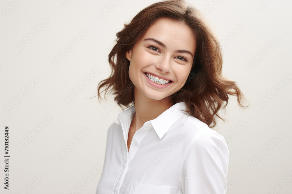 Woman wearing white shirt smiles at camera. Suitable for various uses. Woman wearing white shirt smiles at camera. Suitable for various uses.