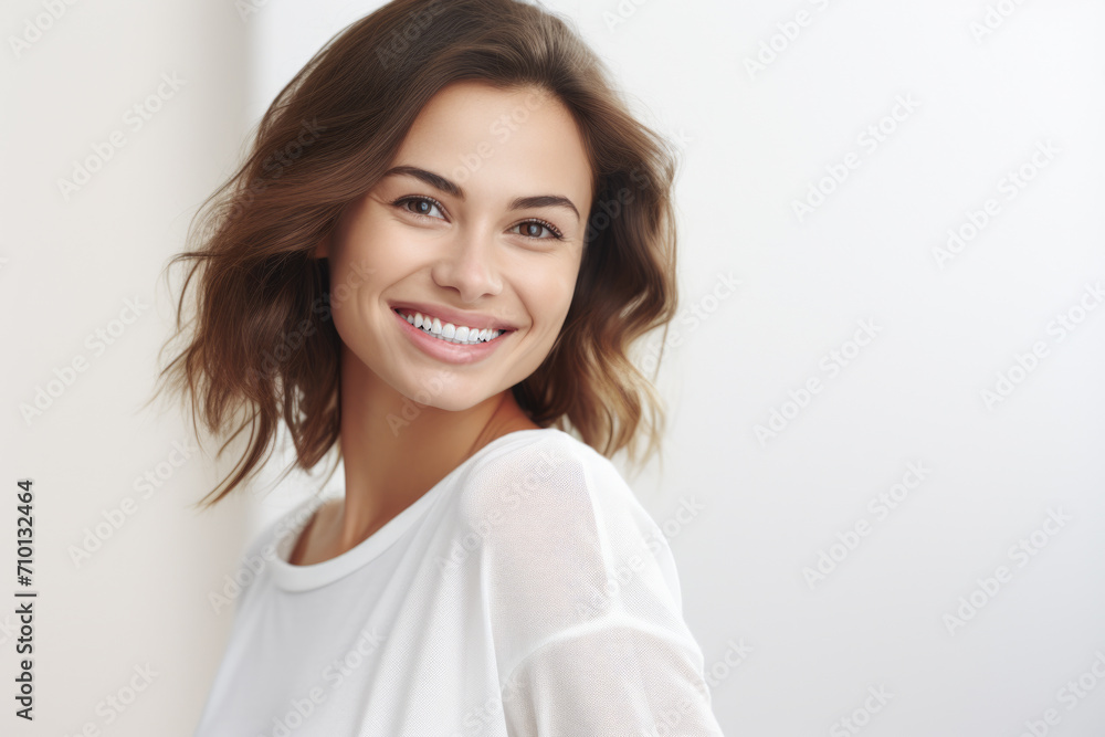Woman wearing white shirt smiles for camera. This versatile image can be used in various contexts. Woman wearing white shirt smiles for camera. This versatile image can be used in various contexts.