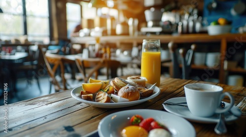 A wooden table with a variety of delicious food and a cup of coffee. Perfect for food-related content and restaurant promotions © Fotograf