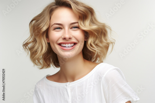 Woman with blonde hair smiling directly at camera. Suitable for various uses.