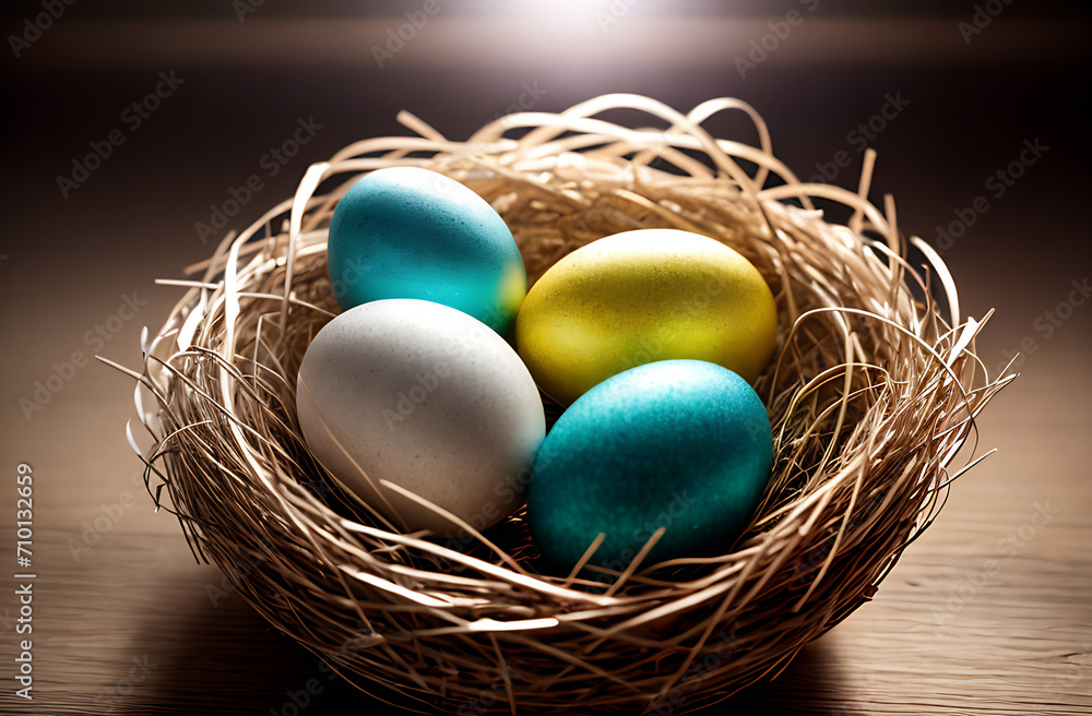Colorful Easter eggs in the nest. View from above.Spring Easter background
Colorful Easter eggs in the nest. View from above.Spring Easter background