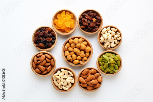 Group of wooden bowls filled with nuts and raisins. Perfect for healthy snack or adding texture to food photography.