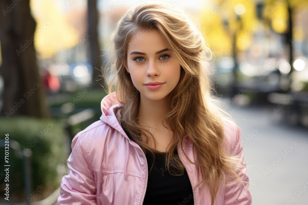 Young woman wearing pink jacket standing on sidewalk. Suitable for lifestyle, fashion, and urban themes. Young woman wearing pink jacket standing on sidewalk. Suitable for lifestyle, fashion, and urban themes.