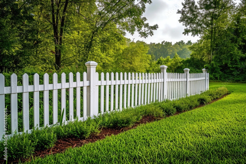 A picturesque scene of a white picketed fence standing in a lush grassy field. Perfect for adding a touch of charm to any project or design A picturesque scene of a white picketed fence standing in a lush grassy field. Perfect for adding a touch of charm to any project or design