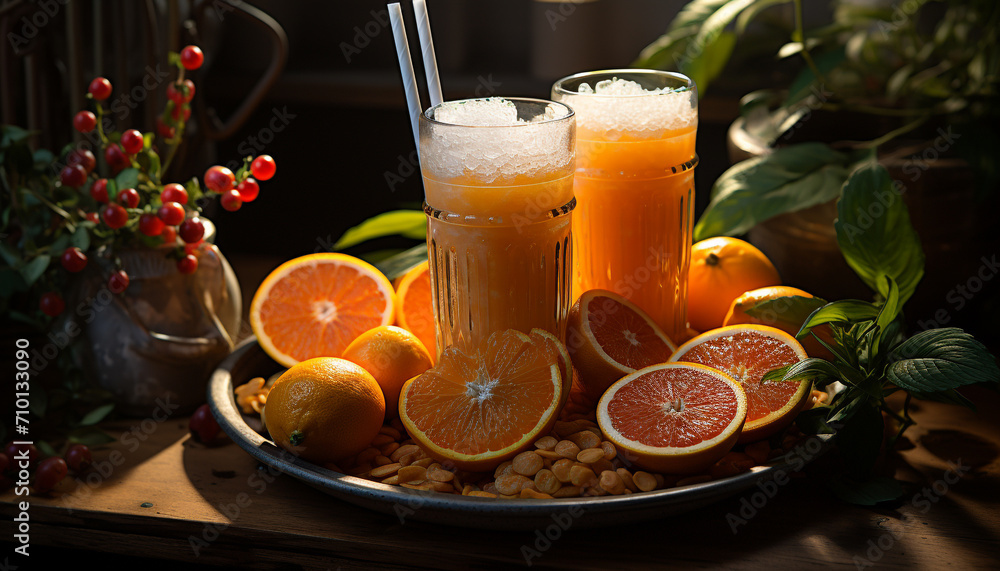 Freshness of citrus fruit on wooden table, summer drink generated by AI Freshness of citrus fruit on wooden table, summer drink generated by AI