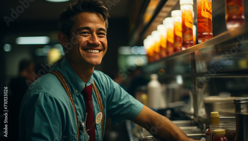 Smiling young adult bartender confidently working indoors generated by AI