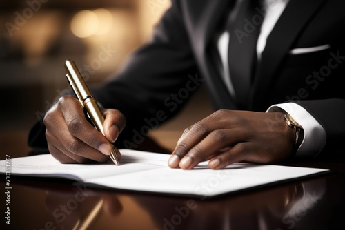 Man dressed in suit is writing on piece of paper. Suitable for business, office, or education-related projects.