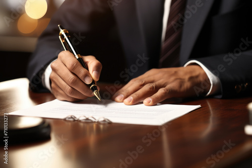 Man in suit is writing on piece of paper. This image can be used for business, office, or education-related designs.