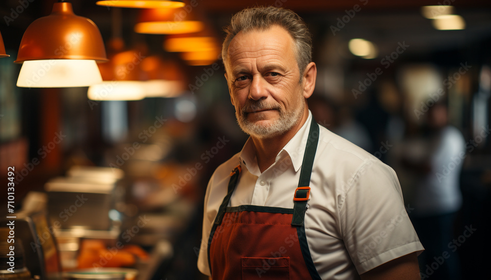 Smiling barista expertly serving coffee in cozy shop generated by AI Smiling barista expertly serving coffee in cozy shop generated by AI