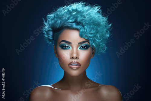 Woman with striking blue hair and matching blue make-up. Perfect for fashion, beauty, and avant-garde concepts.