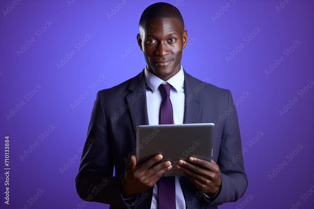 Man dressed in suit holding tablet computer. Perfect for business and technology concepts.