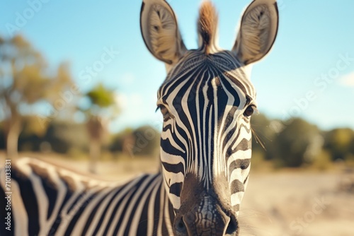 A close-up view of a zebra s face with trees in the background. This image captures the unique patterns and features of the zebra  creating a striking visual.