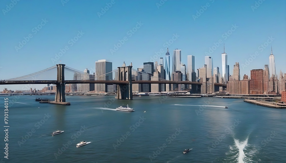 Fototapeta premium Iconic New York City Landscape Over East River with Skyscrapers, Manhattan and Brooklyn Bridges, Cars and Ferry Boats. Cinematic Urban Skyline with Clear Blue Sky