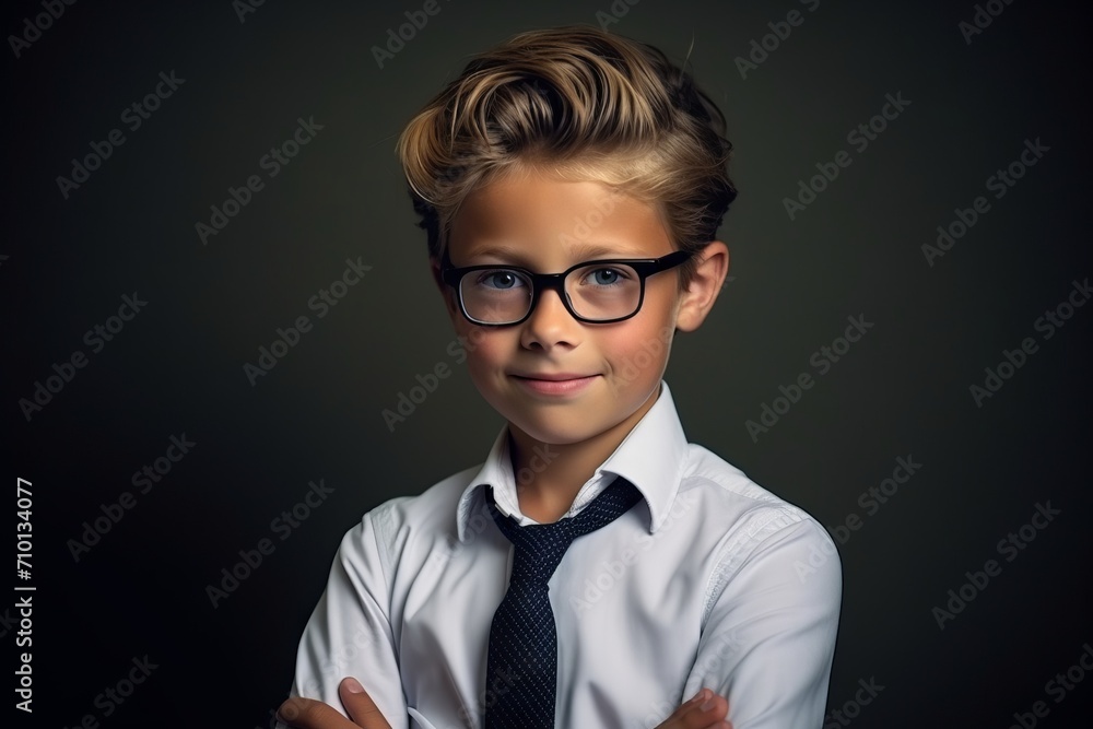 Portrait of a cute little boy in glasses. Studio shot.