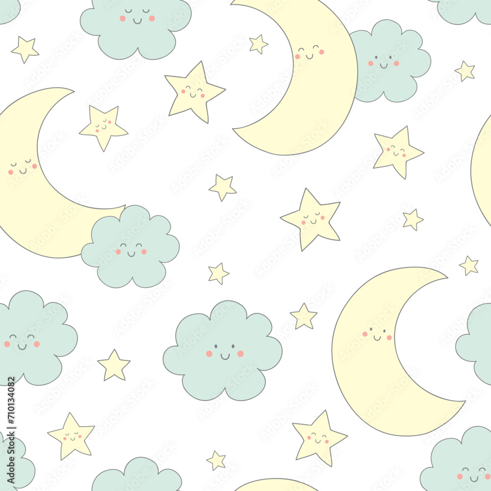 Seamless pattern with cute sleeping moon. Background for kids with moon, stars and clouds. Vector illustration. It can be used for wallpapers, wrapping, cards, patterns for clothes and other. Seamless pattern with cute sleeping moon. Background for kids with moon, stars and clouds. Vector illustration. It can be used for wallpapers, wrapping, cards, patterns for clothes and other.