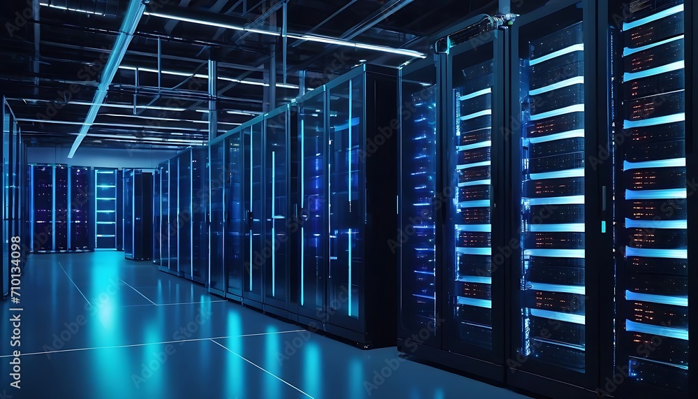 Modern Data Technology Center Server Racks in Dark Room with VFX. Visualization Concept of Internet of Things, Data Flow, Digitalization of Internet Traffic. Complex Electric Equipment Warehouse. Modern Data Technology Center Server Racks in Dark Room with VFX. Visualization Concept of Internet of Things, Data Flow, Digitalization of Internet Traffic. Complex Electric Equipment Warehouse.