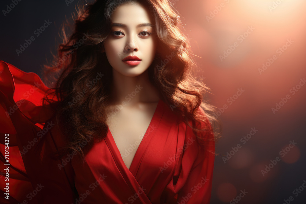 Fototapeta premium Woman wearing red dress strikes pose for photograph. This image can be used for fashion magazines, advertisements, or social media posts.