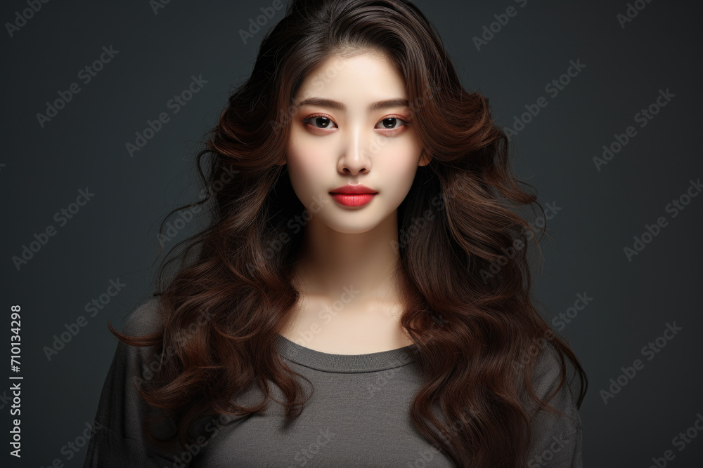 Fototapeta premium Woman with long brown hair and red lips. Versatile image for various uses.