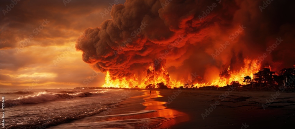 Huge fire follows coastal explosion. Huge fire follows coastal explosion.