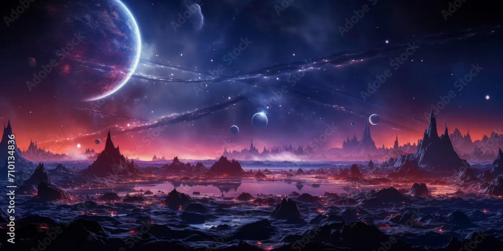 Naklejka premium Fantasy alien planet. Mountain and moon. 3D illustration.