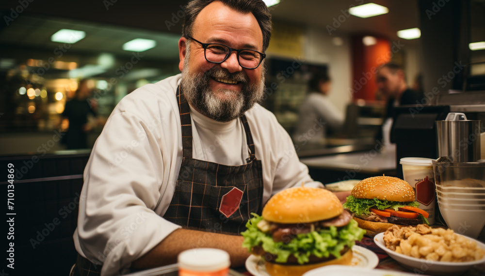 Smiling adult man cooking burger indoors with confidence generated by AI Smiling adult man cooking burger indoors with confidence generated by AI