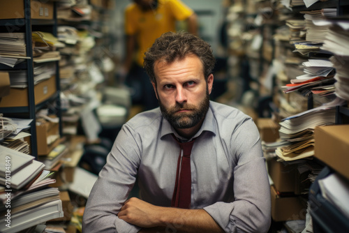 Man sitting in room filled with stacks of papers. Can be used to depict cluttered workspace or busy office environment.