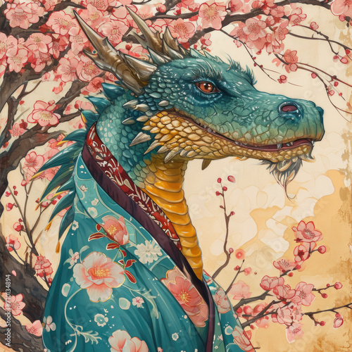 Illustration depicting an oriental dragon in a kimono. Anthropomorphism. Year of the Dragon according to the eastern calendar. symbol of 2024 in the culture of the East.  photo