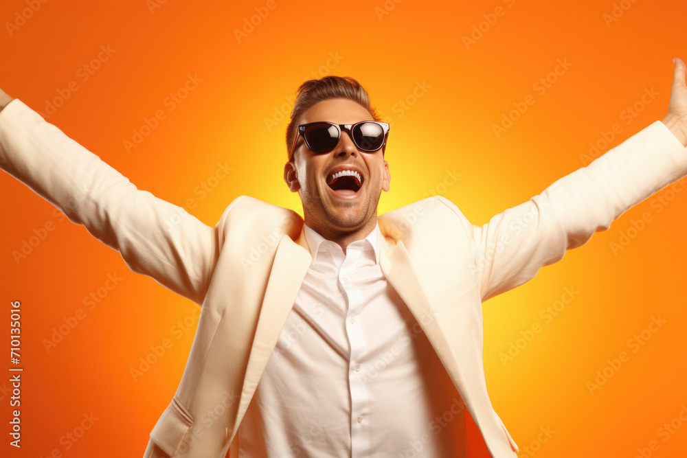 Confident man in white suit and sunglasses, with his arms wide open. Perfect for conveying positivity and joy. Confident man in white suit and sunglasses, with his arms wide open. Perfect for conveying positivity and joy.