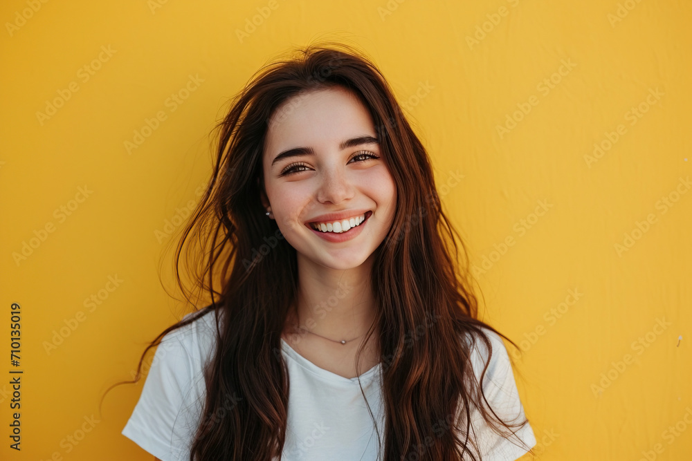 A beautiful smiling brunette with a wide smile, long hair and white teeth, wearing a simple T-shirt against a yellow wall A beautiful smiling brunette with a wide smile, long hair and white teeth, wearing a simple T-shirt against a yellow wall