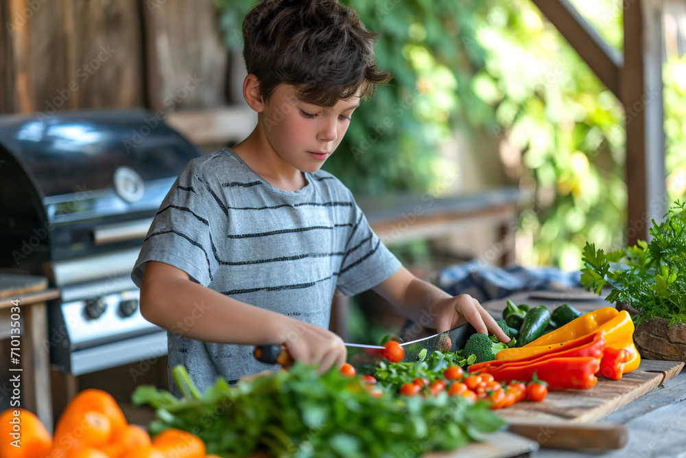 A boy is cutting vegetables for grilling