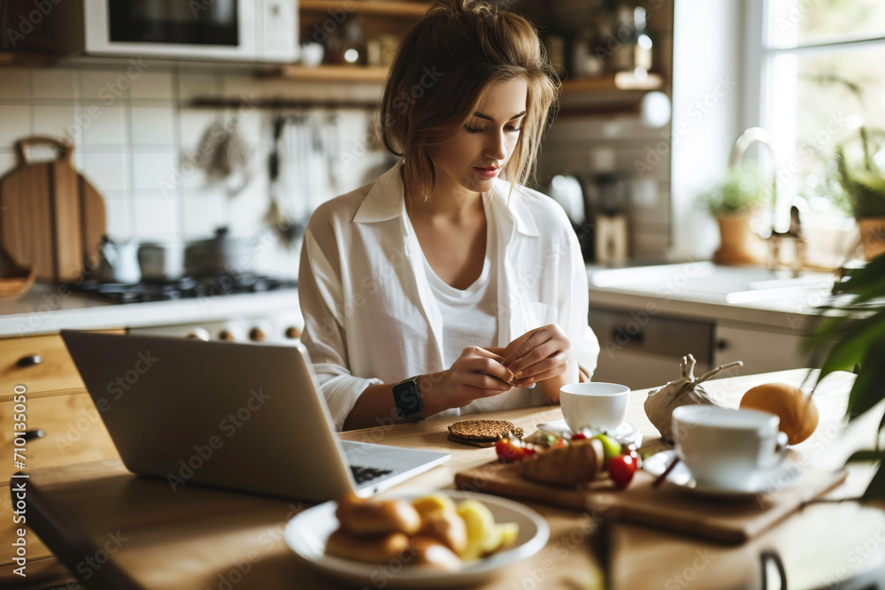 A businesswoman at home with a laptop on the kitchen table has breakfast while checking her smartwatch