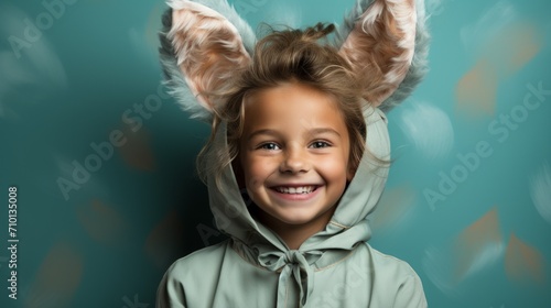 A child in pajamas with rabbit ears smiles cheerfully. Beautiful blonde girl in a fancy bunny costume. Turquoise plain background, with space for copy space.