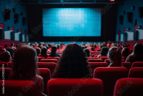 A clean, wide screen of a movie theater and people in red chairs in a movie theater. Blurry silhouettes of people watching a movie performance