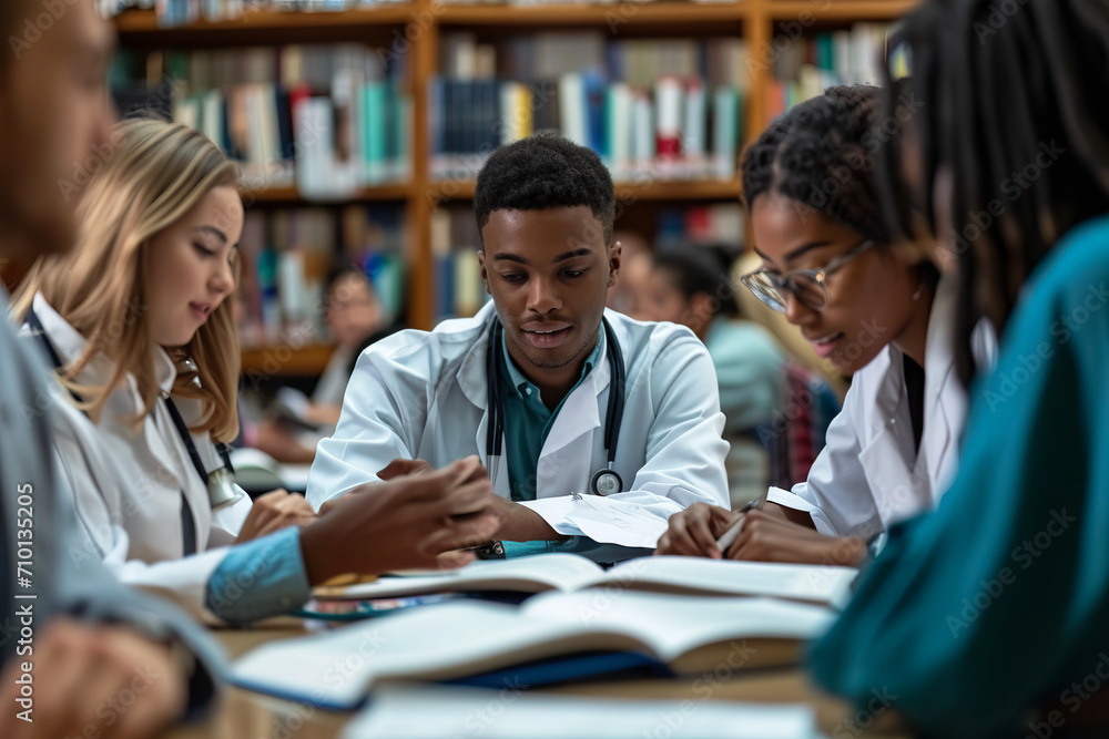 A group of diverse medical students study and discuss in the university library A group of diverse medical students study and discuss in the university library