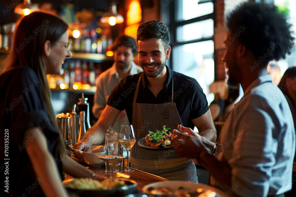A group of male friends meet in a bar where a waitress serves them food A group of male friends meet in a bar where a waitress serves them food