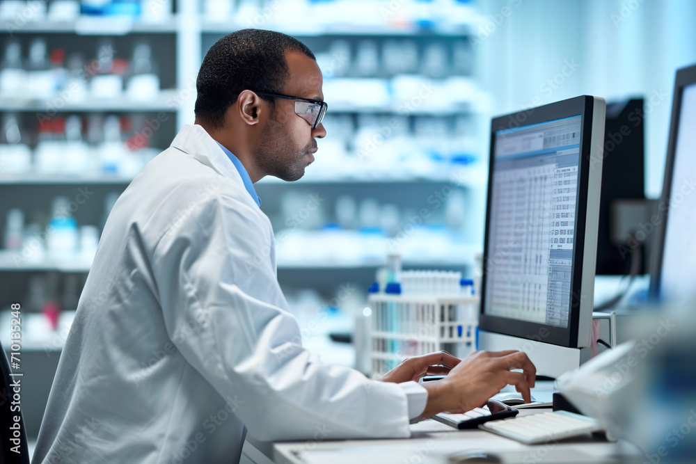 A lab worker in a white coat records test results on a computer A lab worker in a white coat records test results on a computer