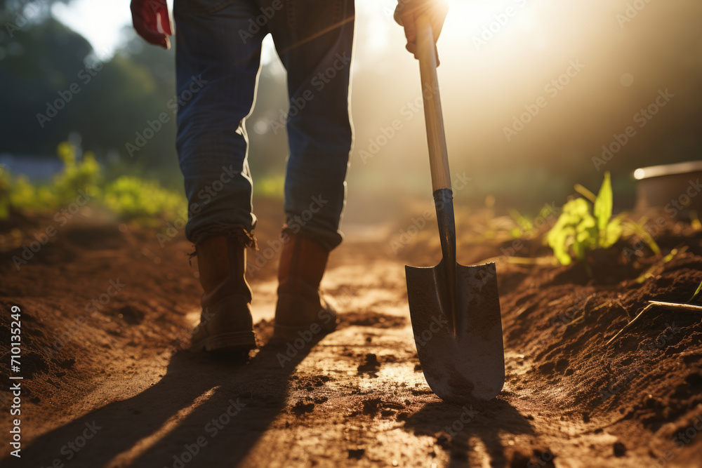 Person is standing on dirt road, holding shovel. This image can be used to depict activities such as construction, landscaping, or road work. Person is standing on dirt road, holding shovel. This image can be used to depict activities such as construction, landscaping, or road work.
