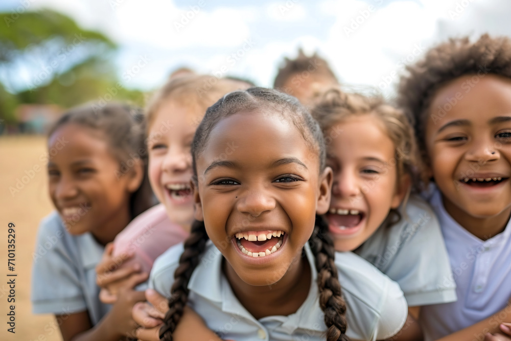 Obraz premium A multinational group of schoolchildren laughing and hugging
