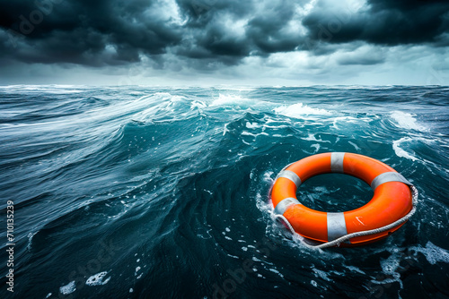 A life preserver floating in the sea in stormy weather
