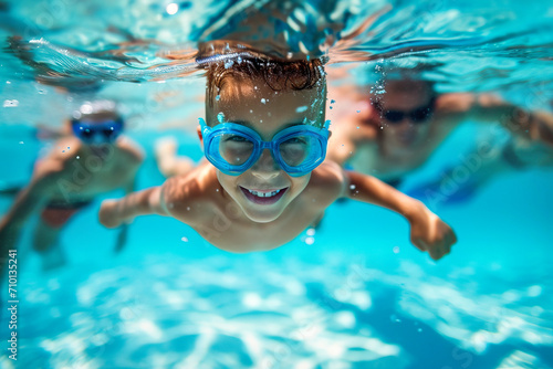 A little boy and his family swim underwater in a swimming pool during summer vacation photo